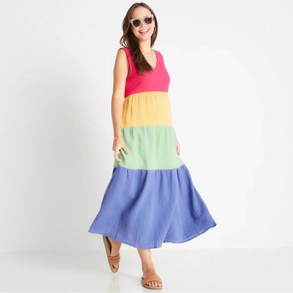 NWT Marine Layer Corinne Maxi Dress in Rainbow Colorblock Size Large Retail $108 - Picture 2 of 11
